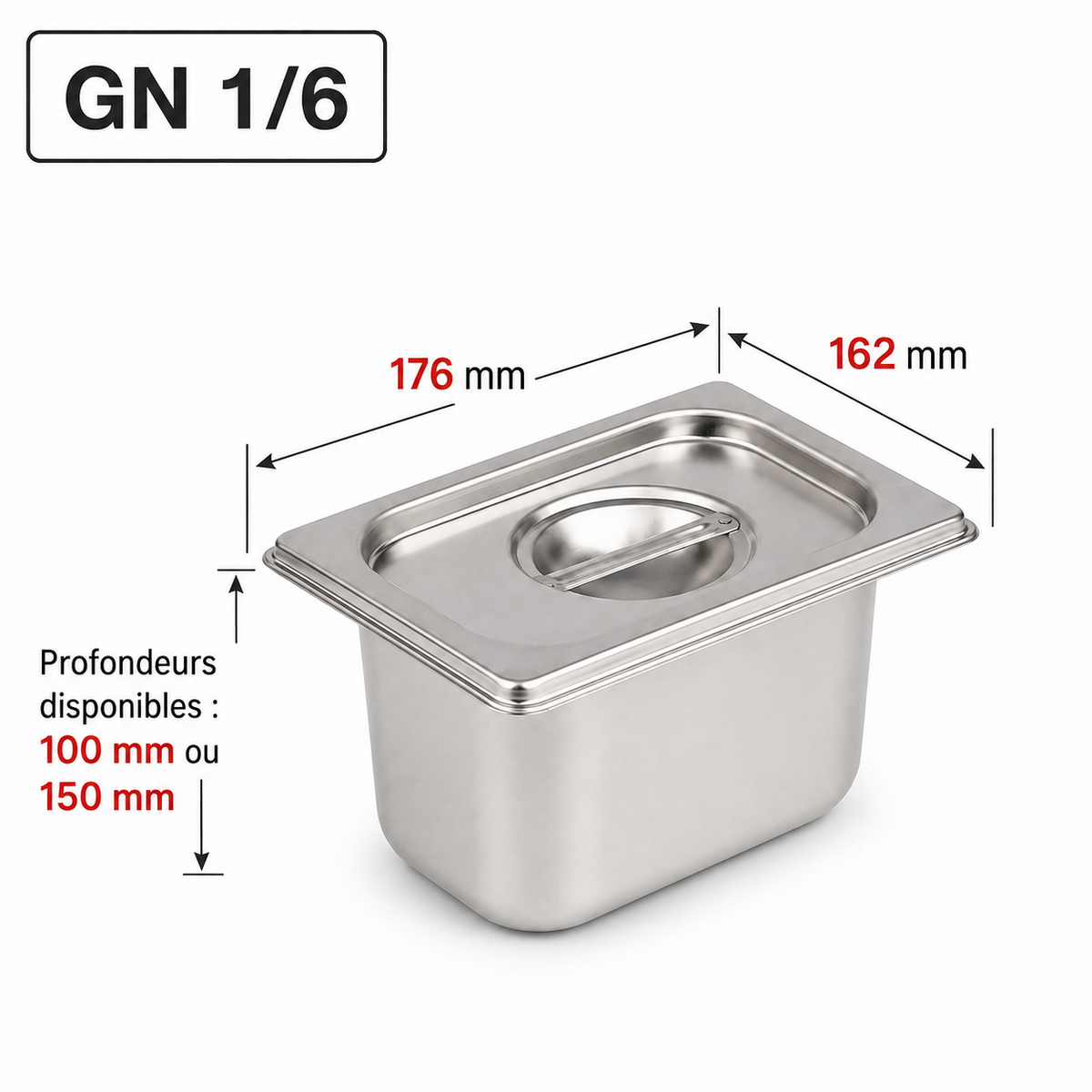 Bac gastro GN 1/6 avec couvercle inox – Acier inoxydable 1 mm