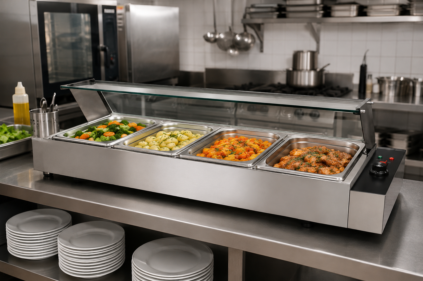 Bain-marie vitré professionnel 4 bacs GN 1/2 – 1,5 kW