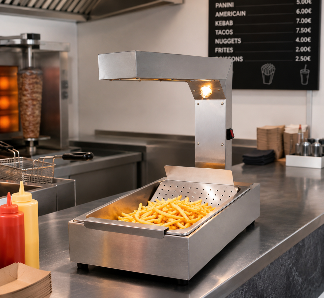 Chauffe-frites professionnel inox 1 kW – Maintien au chaud des frites
