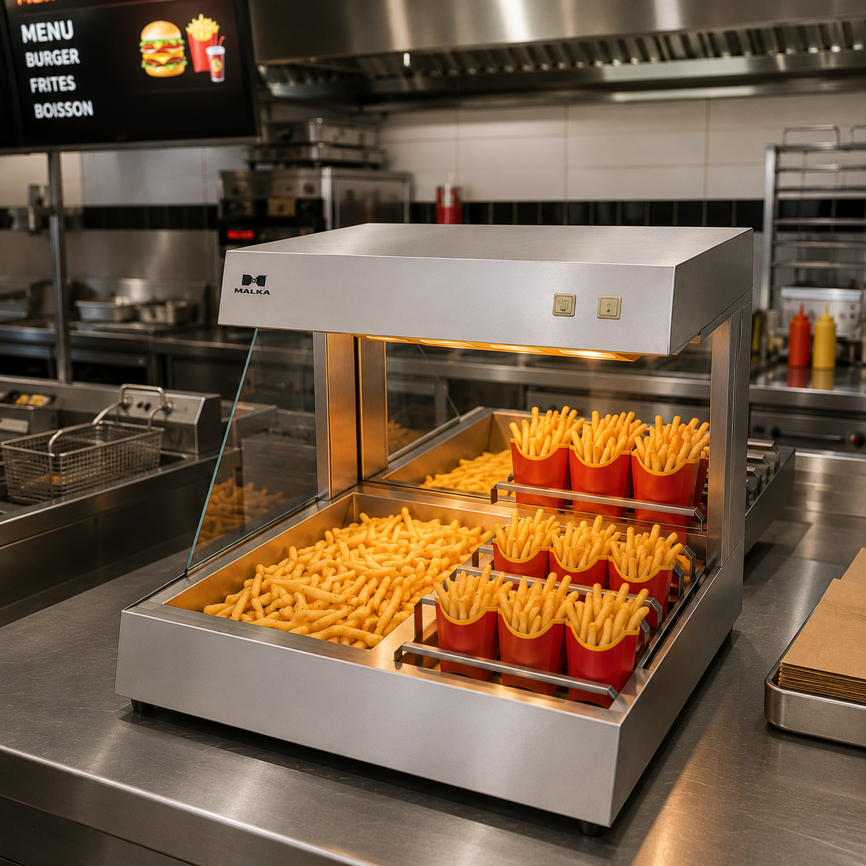 Présentoir chauffe-frites professionnel inox 750 W – Vitrine chauffante