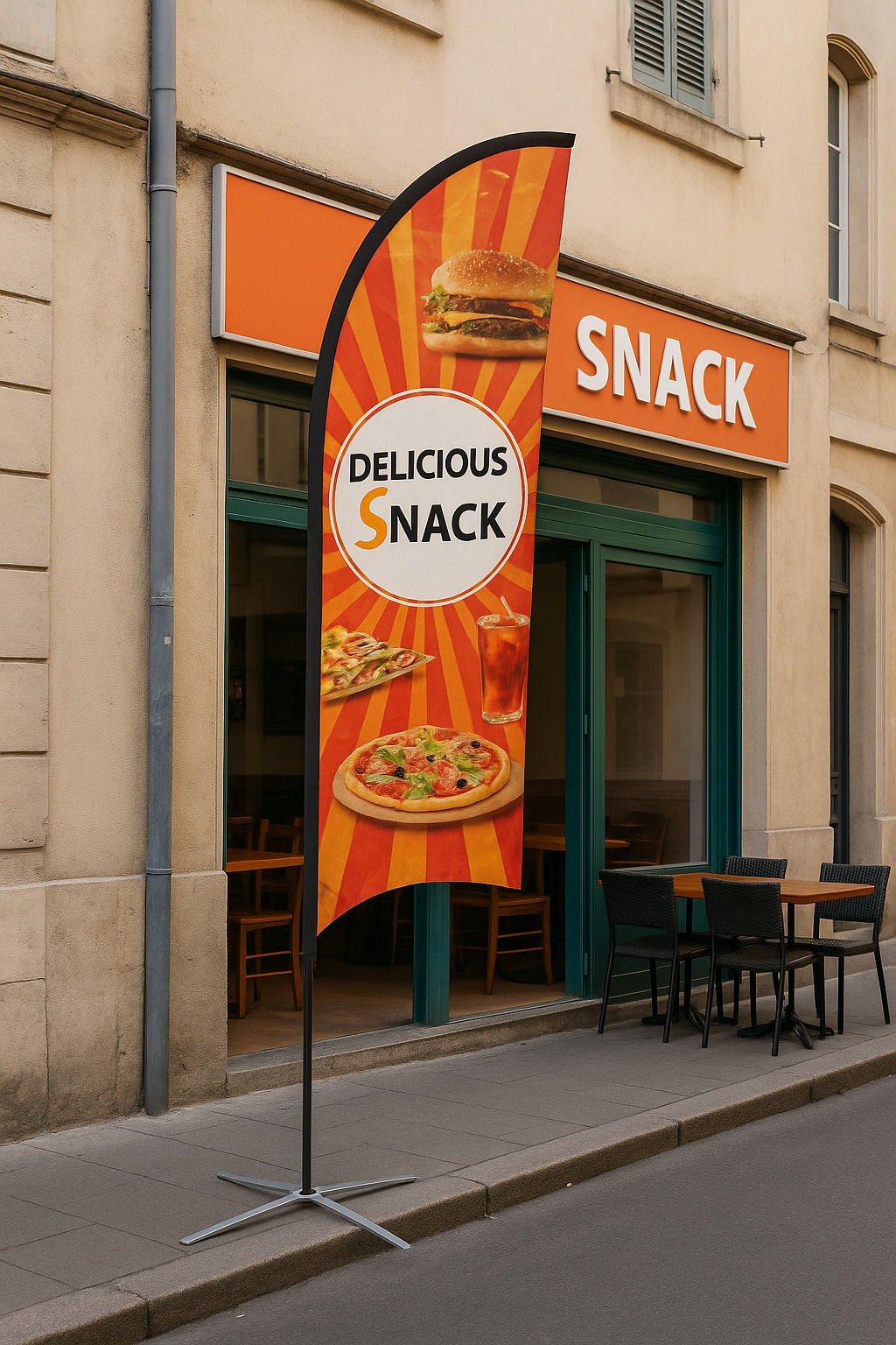Drapeau publicitaire snack et pizzeria