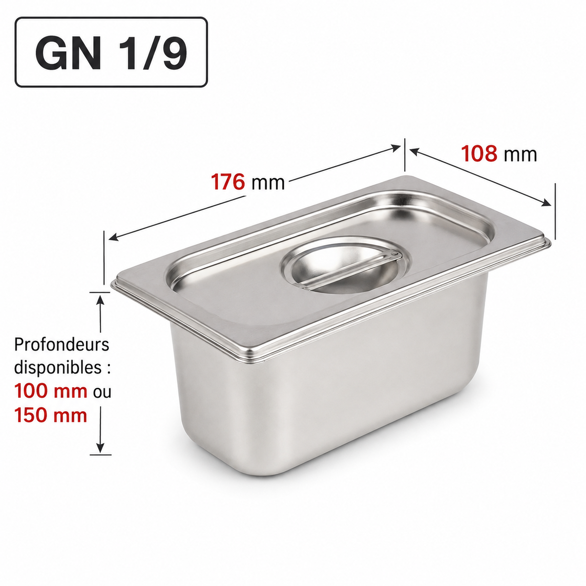 Bac gastro GN 1/9 avec couvercle inox – Acier inoxydable 1 mm