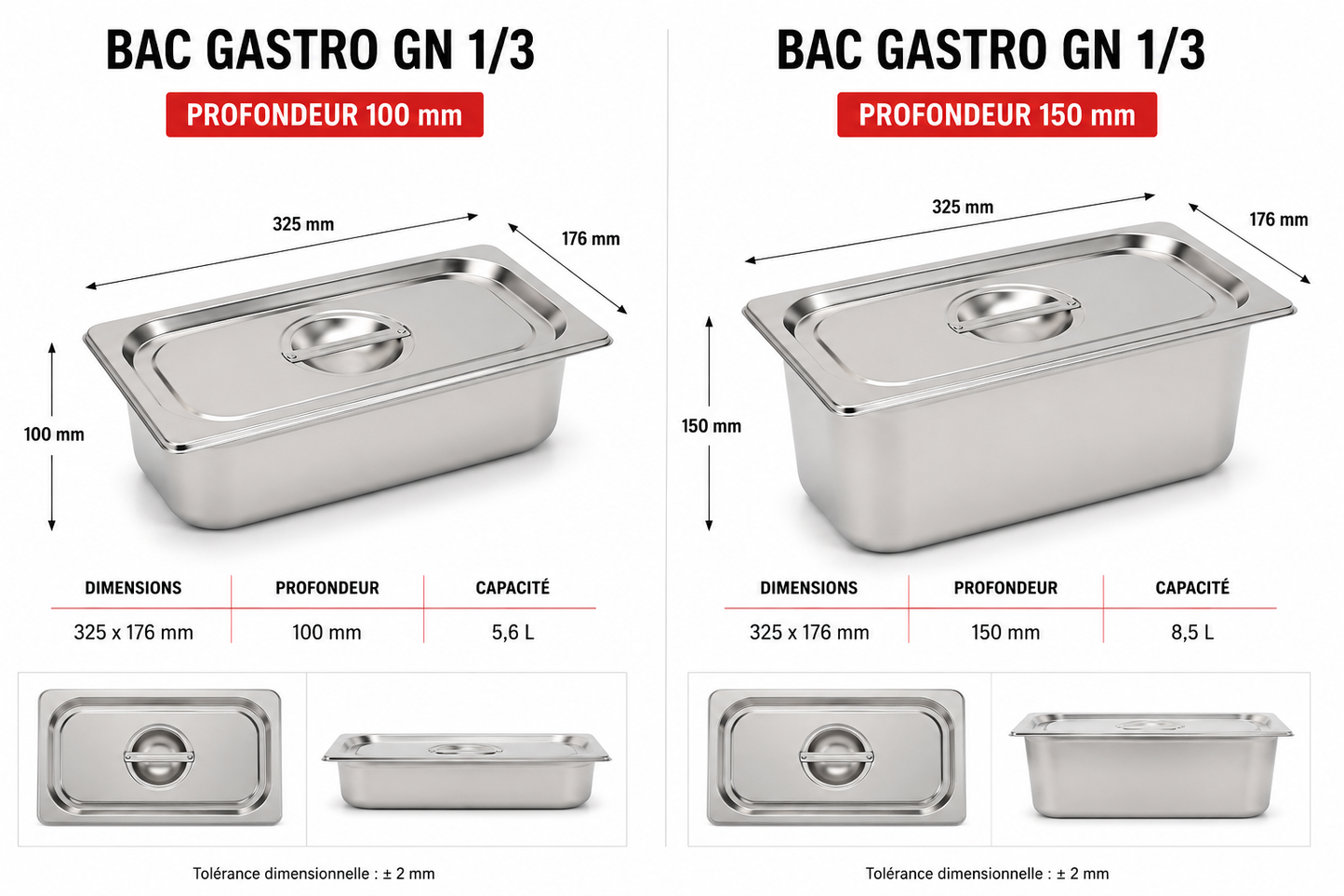 Bac Gastro GN 1/3 avec couvercle inox – Acier inoxydable 1 mm
