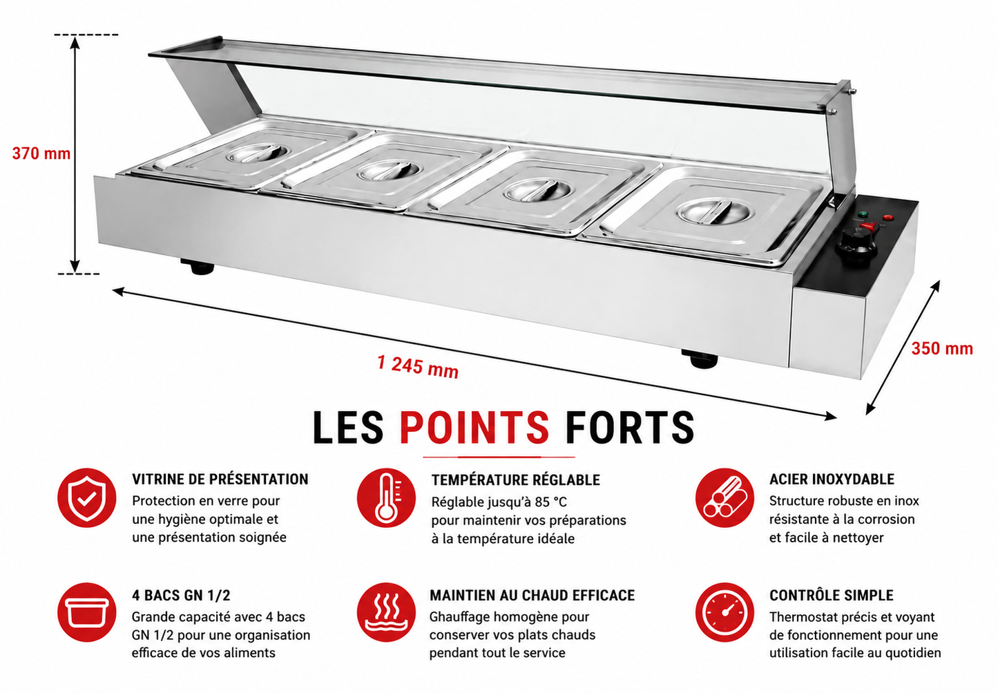 Bain-marie vitré professionnel 4 bacs GN 1/2 – 1,5 kW