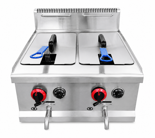 Friteuse à gaz professionnelle double cuve 2 × 14 litres – 11,1 kW – Butane/Propane