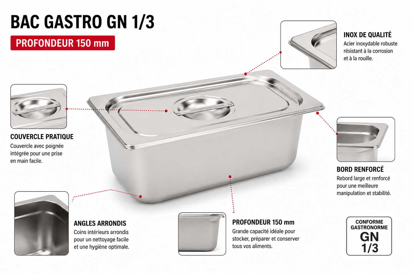 Bac Gastro GN 1/3 avec couvercle inox – Acier inoxydable 1 mm