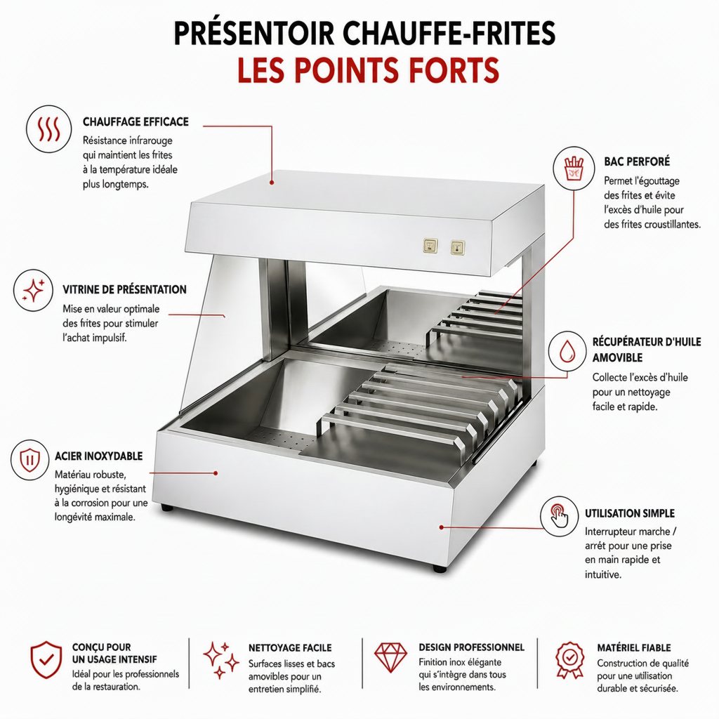 Présentoir chauffe-frites professionnel inox 750 W – Vitrine chauffante