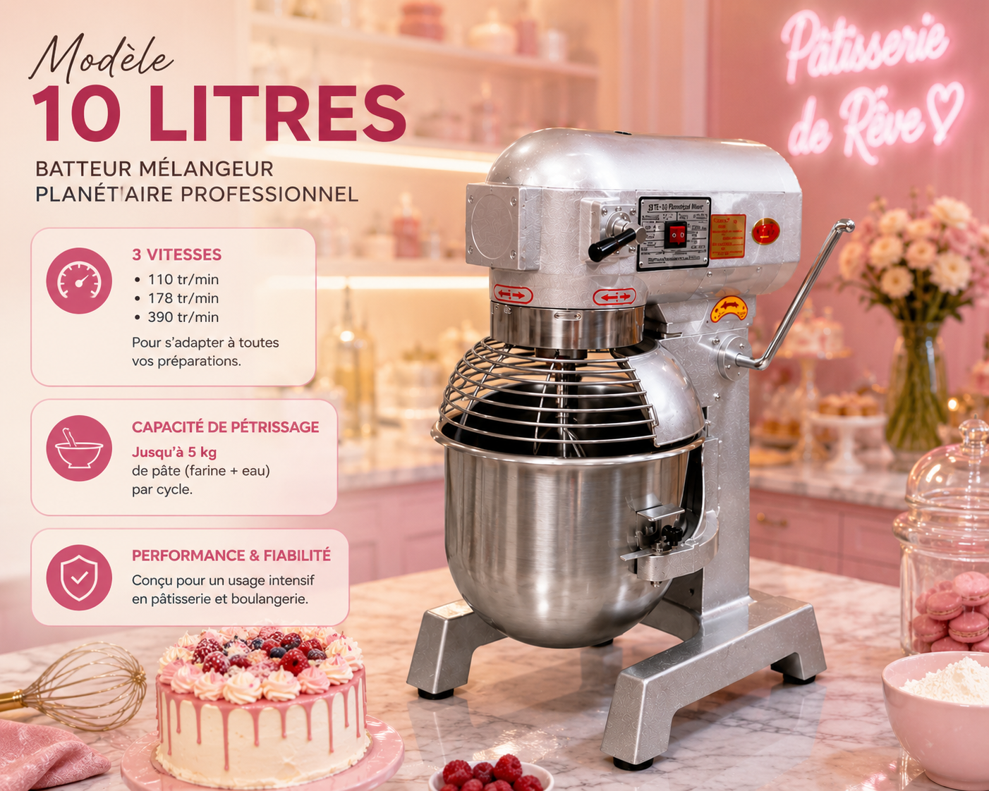 Batteur mélangeur planétaire professionnel 10 L – 3 vitesses – Cuve inox