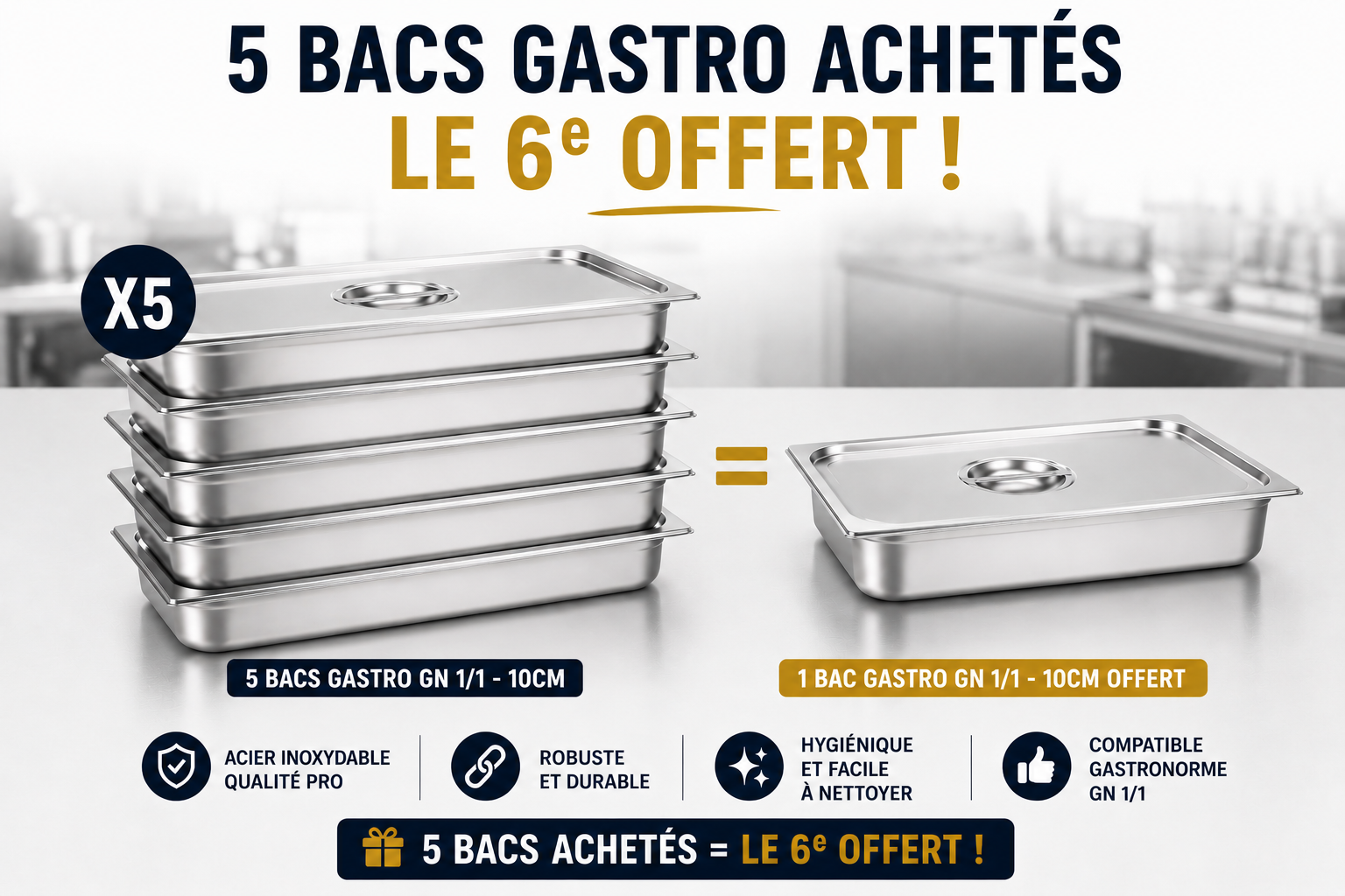 Bac Gastro GN 1/1 avec couvercle inox – Acier inoxydable 1 mm – matériel CHR professionnel JL CHR