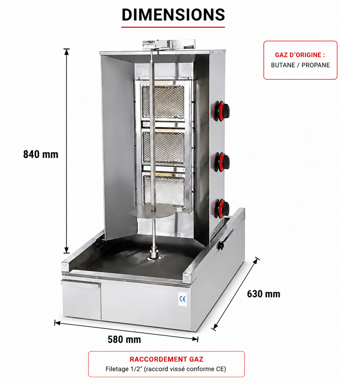 Machine à kebab professionnelle à gaz – 3 ou 4 feux
