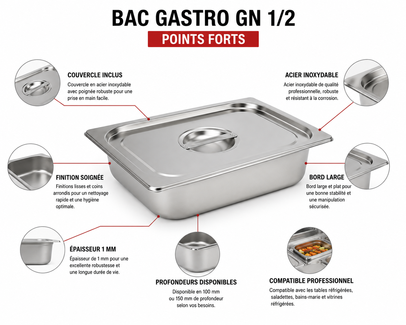 Bac Gastro GN 1/2 avec couvercle inox – Acier inoxydable 1 mm