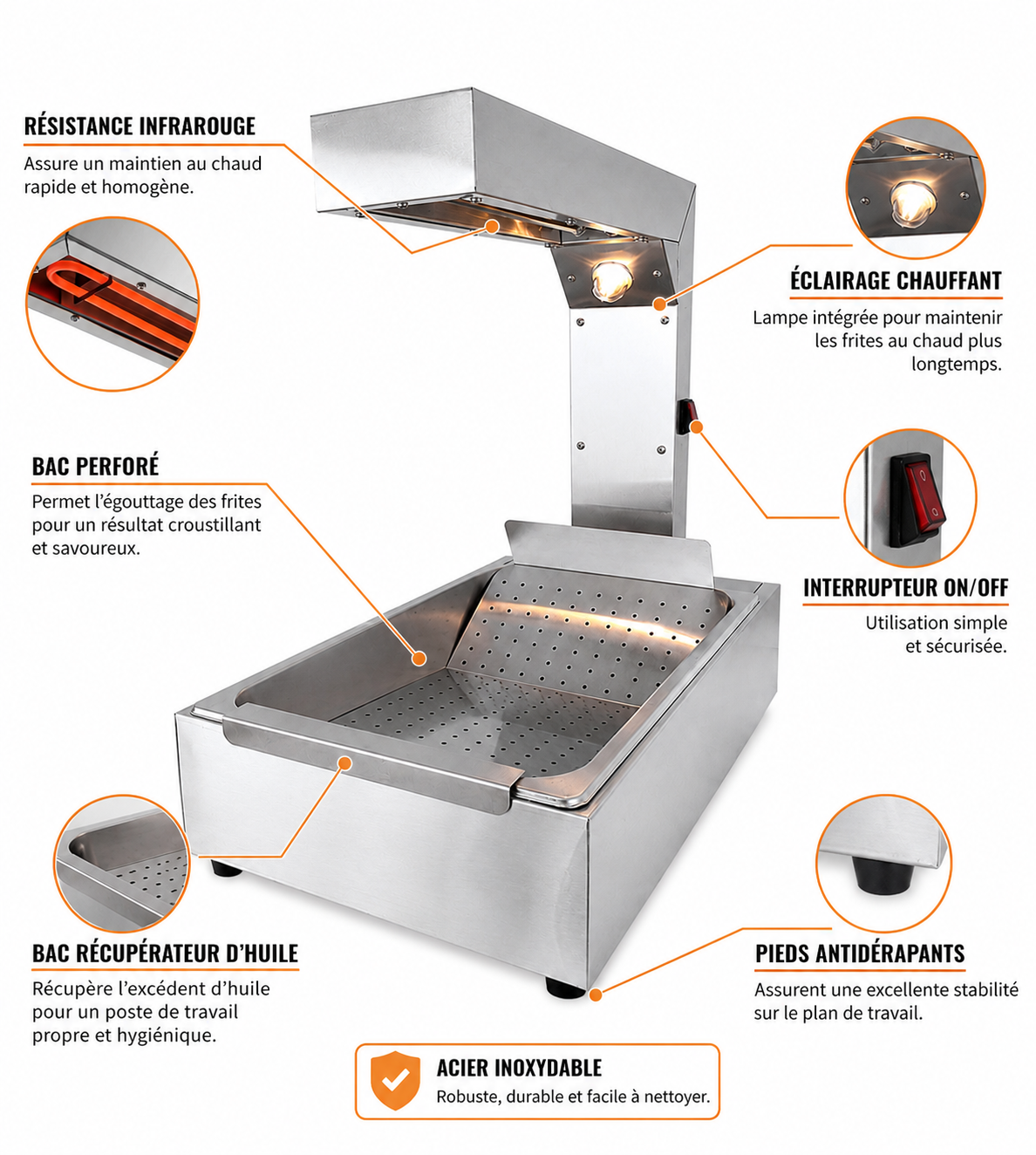 Chauffe-frites professionnel inox 1 kW – Maintien au chaud des frites