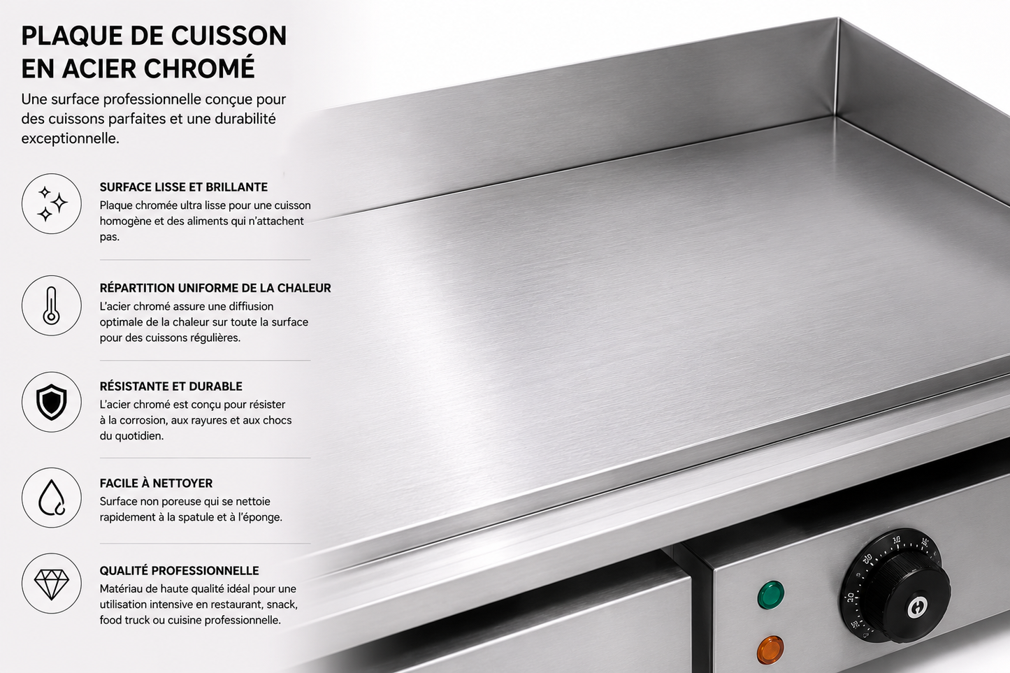 Plancha électrique « chromée »professionnelle 73 cm – Plaque en acier inoxydable avec revêtement chromé