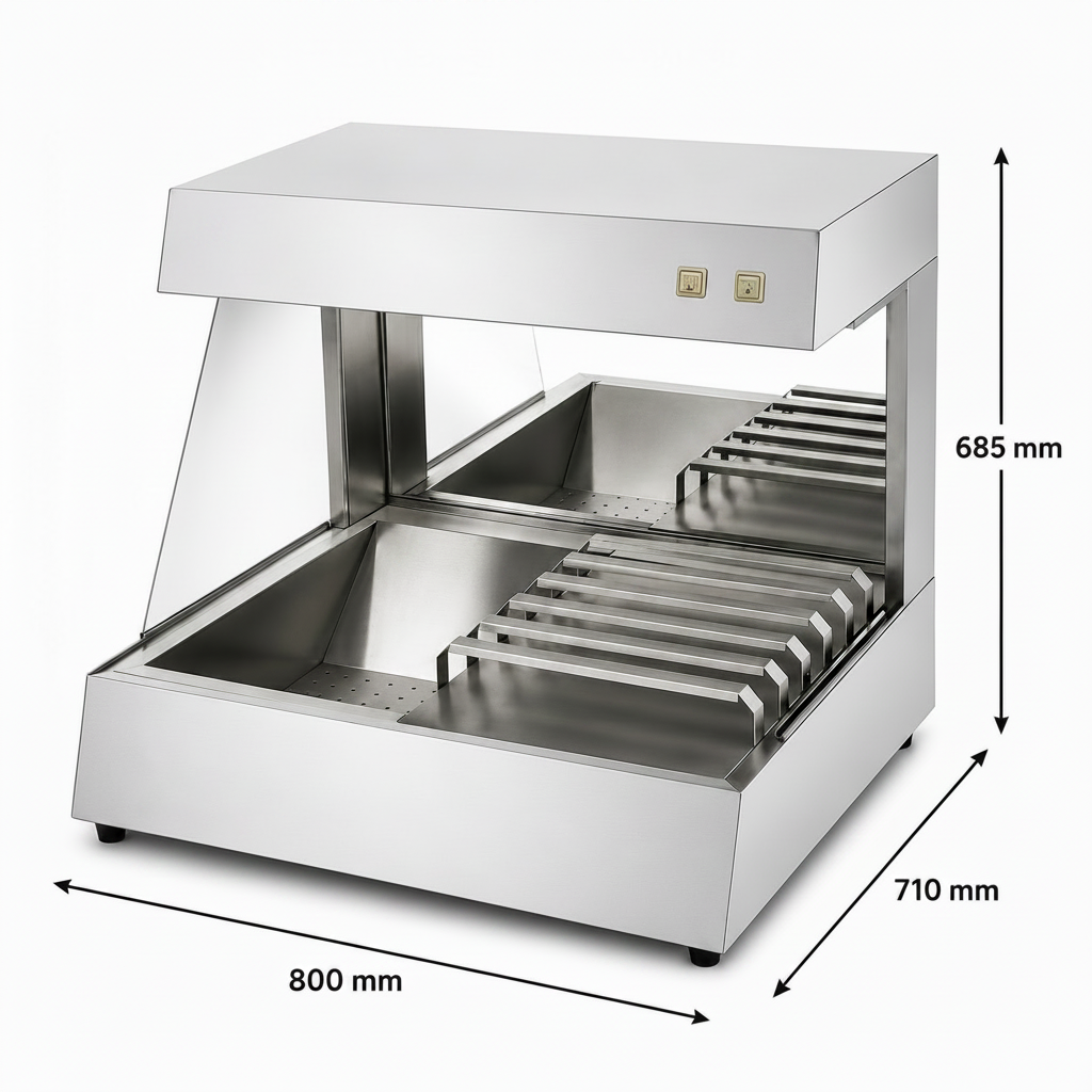 Présentoir chauffe-frites professionnel inox 750 W – Vitrine chauffante