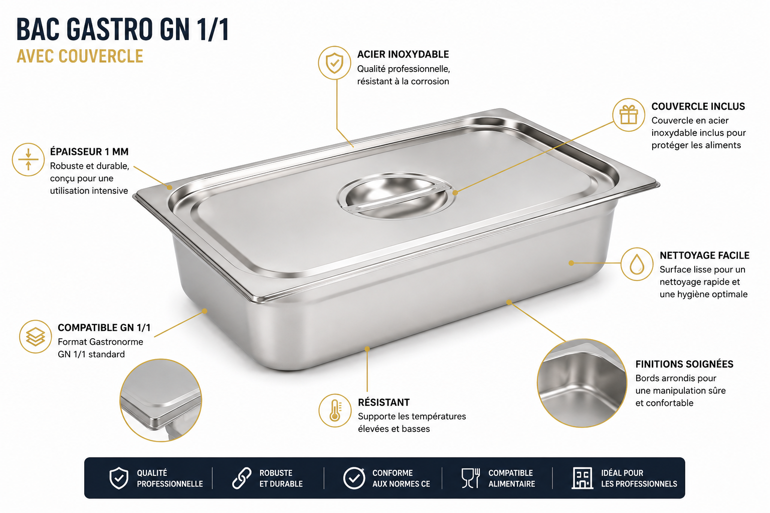 Bac Gastro GN 1/1 avec couvercle inox – Acier inoxydable 1 mm – matériel CHR professionnel JL CHR