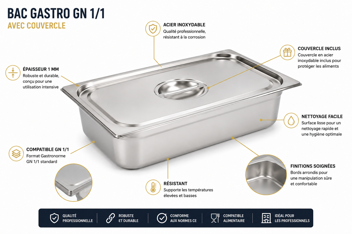 Bac Gastro GN 1/1 avec couvercle inox – Acier inoxydable 1 mm – matériel CHR professionnel JL CHR