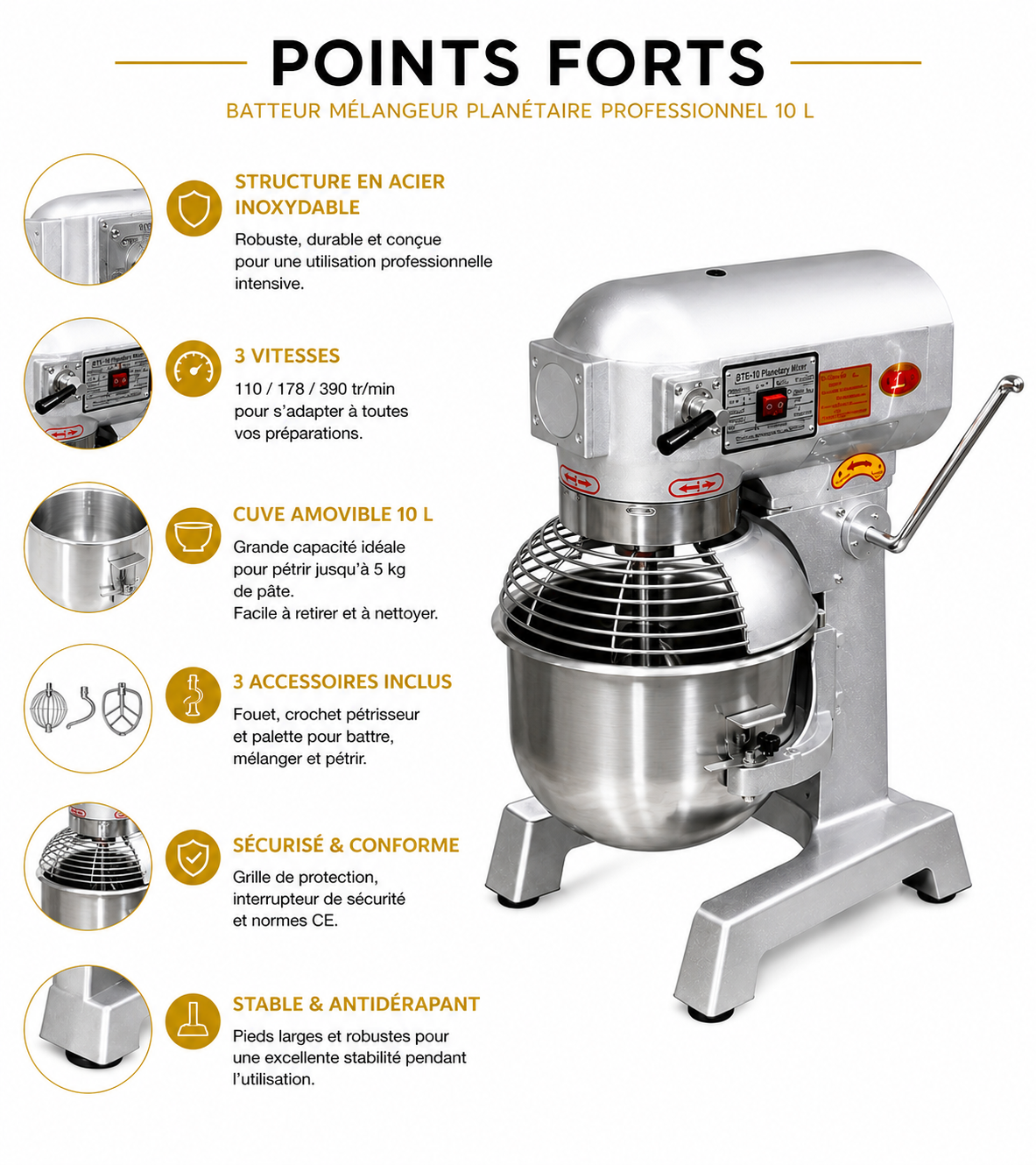 Batteur mélangeur planétaire professionnel 10 L – 3 vitesses – Cuve inox
