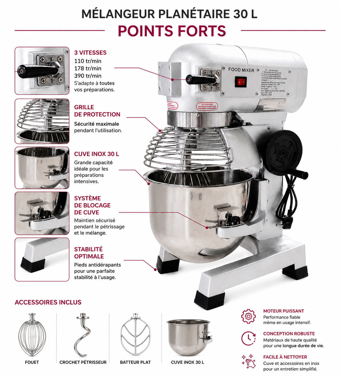 Batteur mélangeur planétaire professionnel 30 L – 3 vitesses – Cuve inox