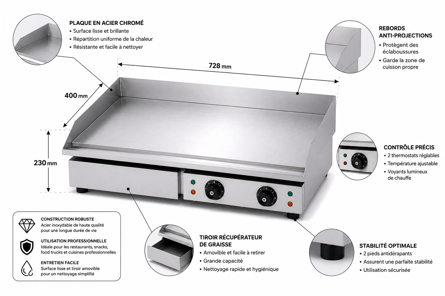 Plancha électrique « chromée »professionnelle 73 cm – Plaque en acier inoxydable avec revêtement chromé