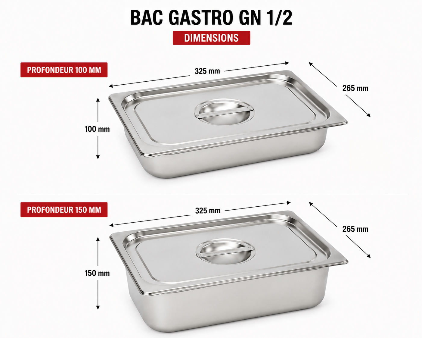 Bac Gastro GN 1/2 avec couvercle inox – Acier inoxydable 1 mm