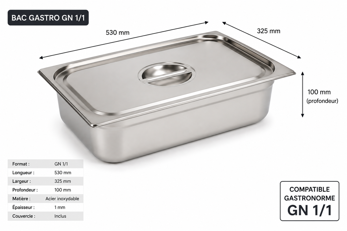 Bac Gastro GN 1/1 avec couvercle inox – Acier inoxydable 1 mm – matériel CHR professionnel JL CHR