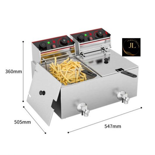 Friteuse professionnelle double bac avec robinet de vidange 2 x 8 litres acier inoxydable